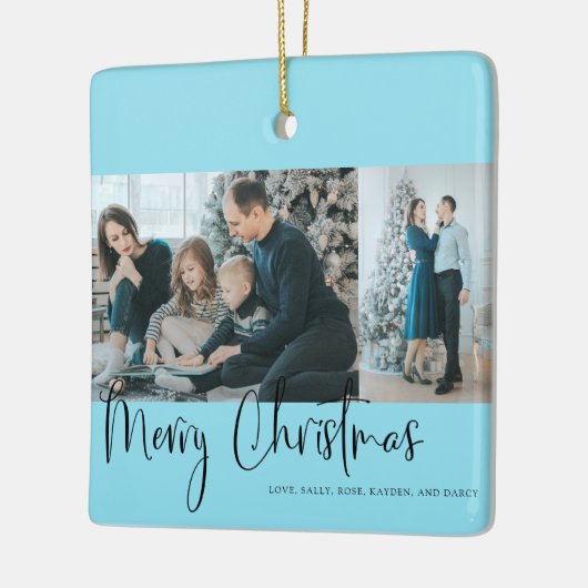 Snel kerstscript 2 Foto Collage Blue Keramisch Ornament (Links)