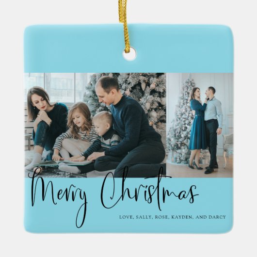 Snel kerstscript 2 Foto Collage Blue Keramisch Ornament (Voorkant)