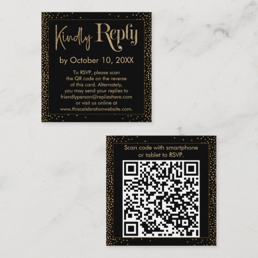 Snel reageren Festive Confetti QR Code Black RSVP Informatiekaartje (Voorkant / Achterkant)