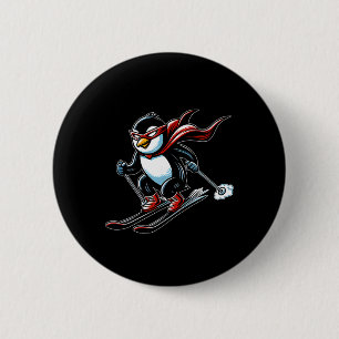 Snel Skiënd Pinguïn Met Rode Cape Mascotte Alpen Ronde Button 5,7 Cm