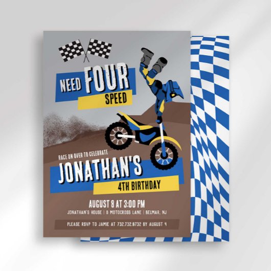 Snel Vier Snelheidsdirt Bike Verjaardagsuitnodigin Kaart