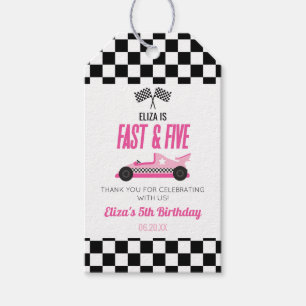 Snel & Vijf Roze Race Auto 5e Verjaardagsfeestje Cadeaulabel