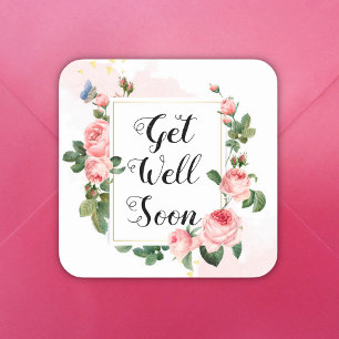 snel weer goed, waterverf roze  rozen vierkante sticker