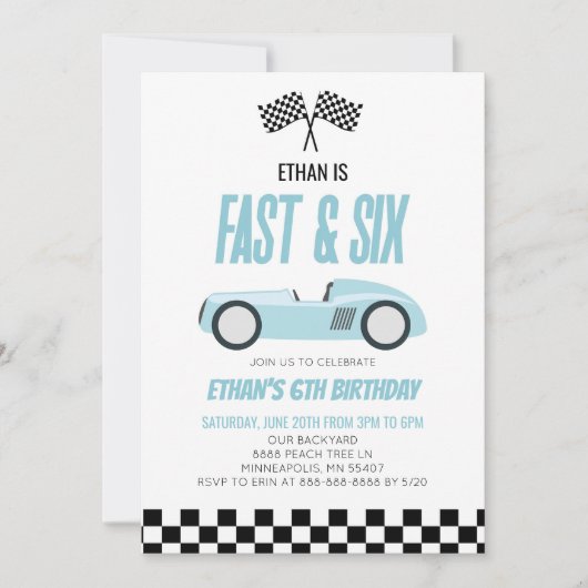 Snel & Zes Blauwe Raceauto 6de Verjaardagsfeestje Kaart (Voorkant)