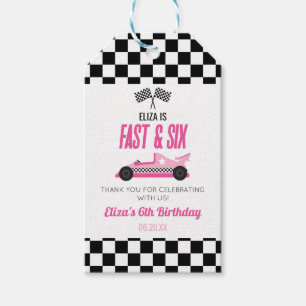 Snel & Zes Roze Race Auto 6e Verjaardagsfeestje Cadeaulabel