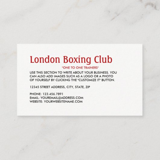 Snelheidsbal, boxer, boxer, boxing Trainer Visitekaartje (Achterkant)