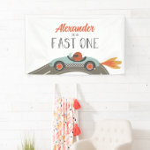 Snelle blauwe raceauto verjaardag spandoek (Insitu)