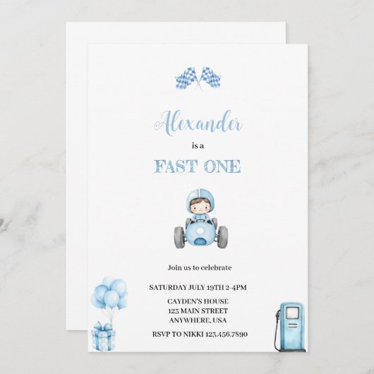 SNELLE EEN BLAUWE AUTO UITNODIGING (Voorkant / Achterkant)