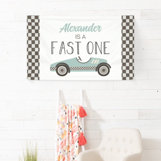 Snelle een blauwe race auto 1e verjaardag banner (Insitu)