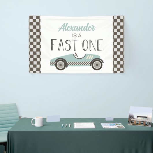 Snelle een blauwe race auto 1e verjaardag banner (Beurs)