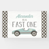 Snelle een blauwe race auto 1e verjaardag banner (Horizontaal)