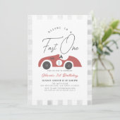 Snelle een rode race auto jongen 1e verjaardag kaart (Staand voorkant)