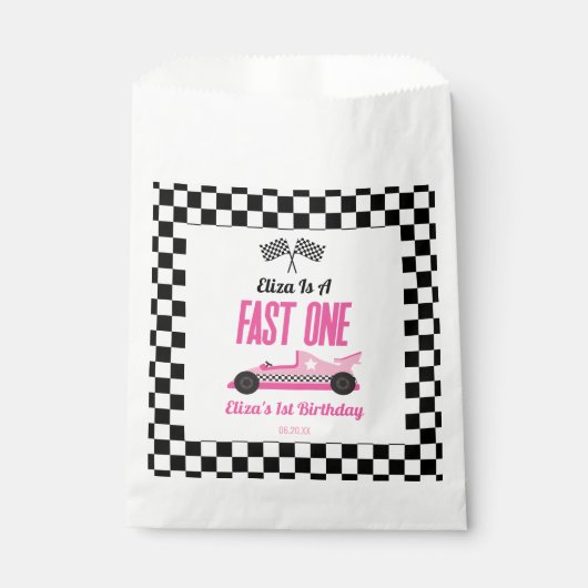 Snelle een roze race auto eerste 1e verjaardag par bedankzakje (Voorkant)