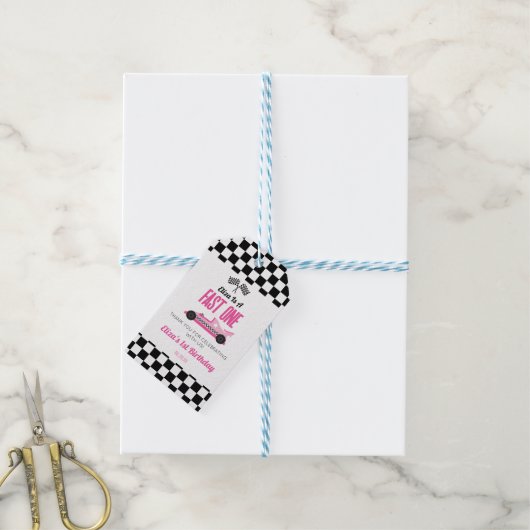 Snelle een roze race auto eerste 1e verjaardag par cadeaulabel (Met Touw)