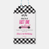 Snelle een roze race auto eerste 1e verjaardag par cadeaulabel (Voorkant)