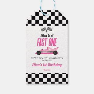 Snelle een roze race auto eerste 1e verjaardag par cadeaulabel