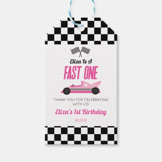 Snelle een roze race auto eerste 1e verjaardag par cadeaulabel (Voorkant)