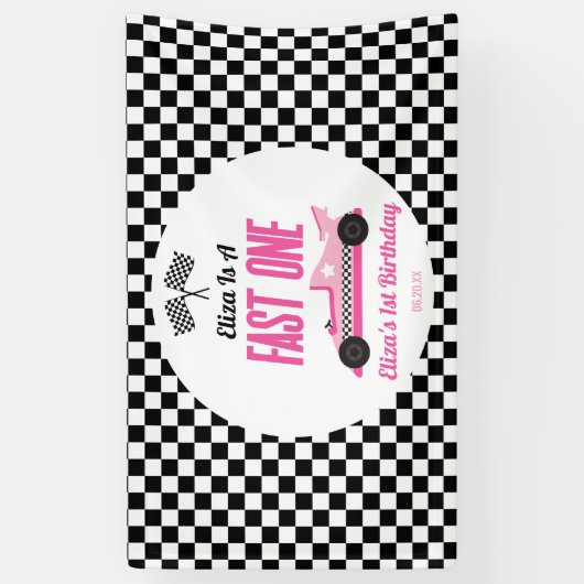 Snelle een roze race auto eerste 1e verjaardag par spandoek (Verticaal)