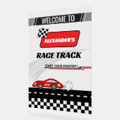 Snelle retro rode auto race track jongen verjaarda acryl bord (Hoek)