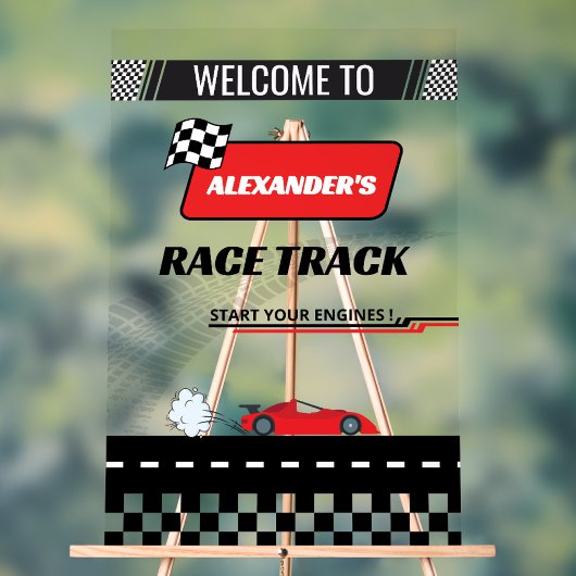 Snelle retro rode auto race track jongen verjaarda acryl bord