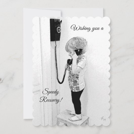 Snelle Terugwinning, Kind, Oude Telefoon, Art. B&W Feestdagenkaart (Voorkant)