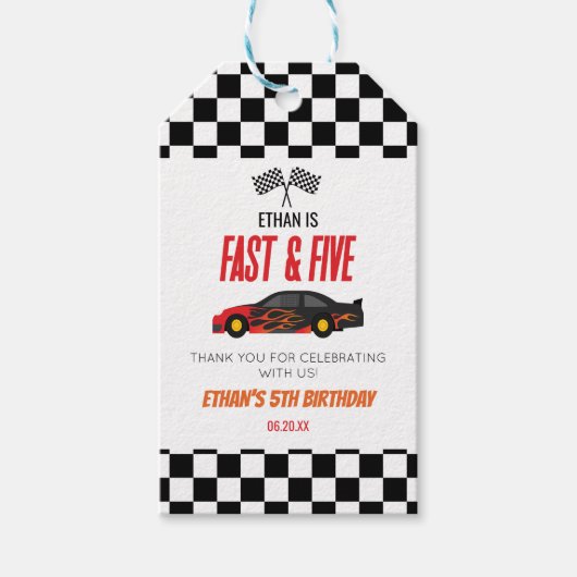 Snelle & Vijf Rode Vlam Race Auto 5e Verjaardagsfe Cadeaulabel (Voorkant)