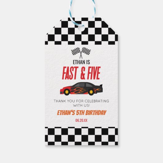 Snelle & Vijf Rode Vlam Race Auto 5e Verjaardagsfe Cadeaulabel (Achterkant)