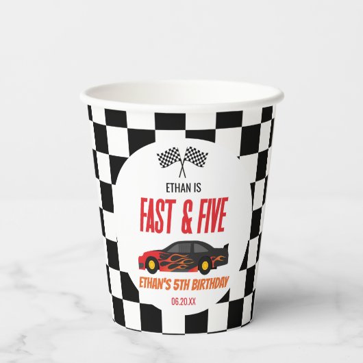 Snelle & Vijf Rode Vlam Race Auto 5e Verjaardagsfe Papieren Bekers (Achterkant)