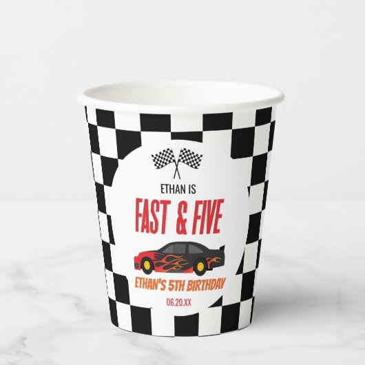 Snelle & Vijf Rode Vlam Race Auto 5e Verjaardagsfe Papieren Bekers (Voorkant)