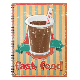 Snelle voedselachtergrond met drink in retro-stijl notitieboek
