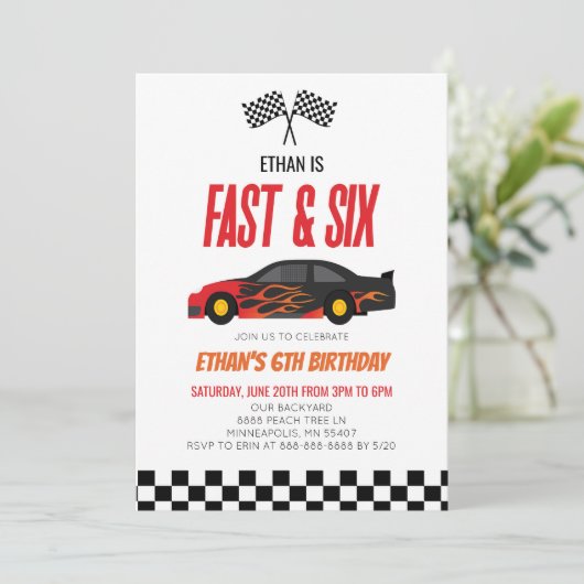 Snelle & Zes Rode Vlam Race Auto 6e Verjaardagsfee Kaart (Staand voorkant)