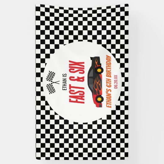 Snelle & Zes Rode Vlam Race Auto 6e Verjaardagsfee Spandoek (Verticaal)