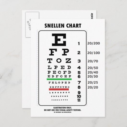 Snellen Chart (Medische visuele scherpte testen) Briefkaart (Voorkant / Achterkant)