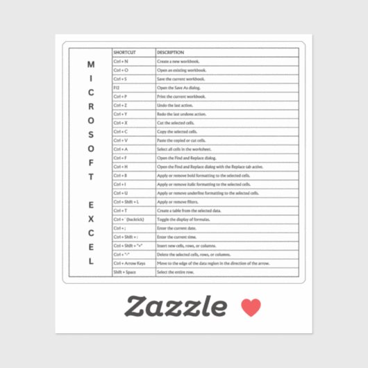 Sneltoetsen voor Microsoft Excel Windows Sticker (Vel)