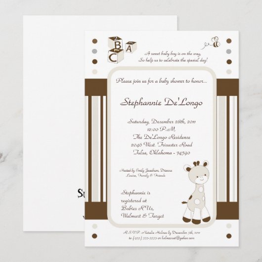 Snicker Doodle Giraffe Baby shower Invitation Kaart (Voorkant / Achterkant)