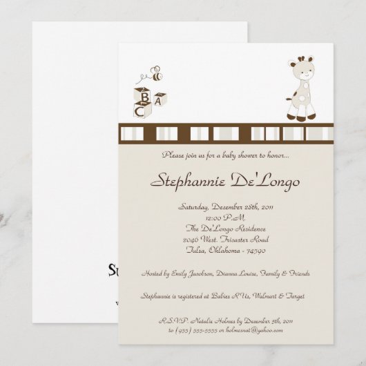 Snicker Doodle Giraffe Baby shower Invitation Kaart (Voorkant / Achterkant)