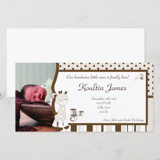 Snicker Doodle Giraffe Foto Geboorte Aankondiging (Voorkant / Achterkant)