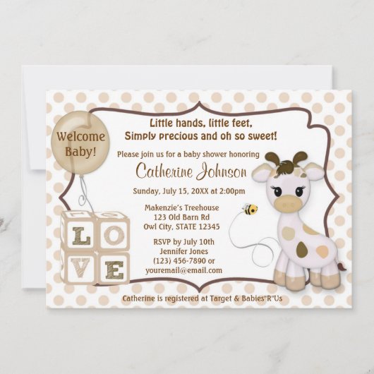 Snickerdoodle Giraffe Baby Shower-uitnodigingen Kaart (Voorkant)