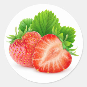 Snijd aardbeien met blad ronde sticker