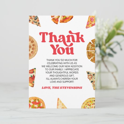 Snijd Baby! Pizza Baby shower Bedankkaart (Staand voorkant)