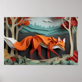 Snijd papieren vos tussen de bomen poster