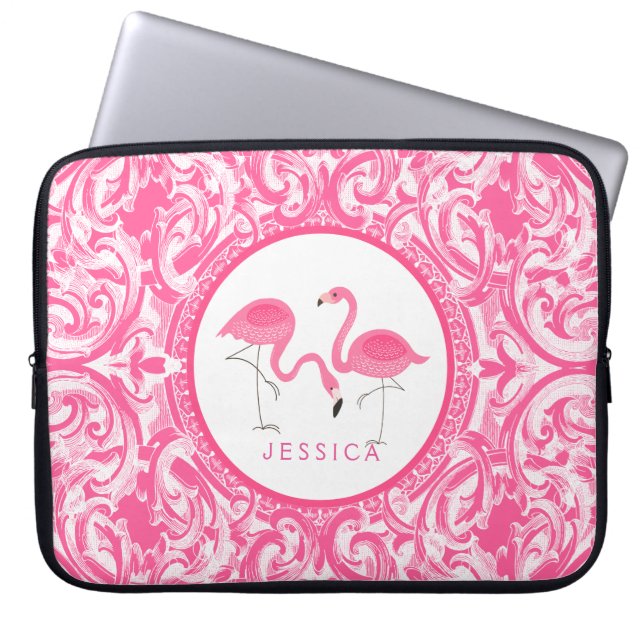 Snijhaar van roze lamingos met roze riemen laptop sleeve (Voorkant)