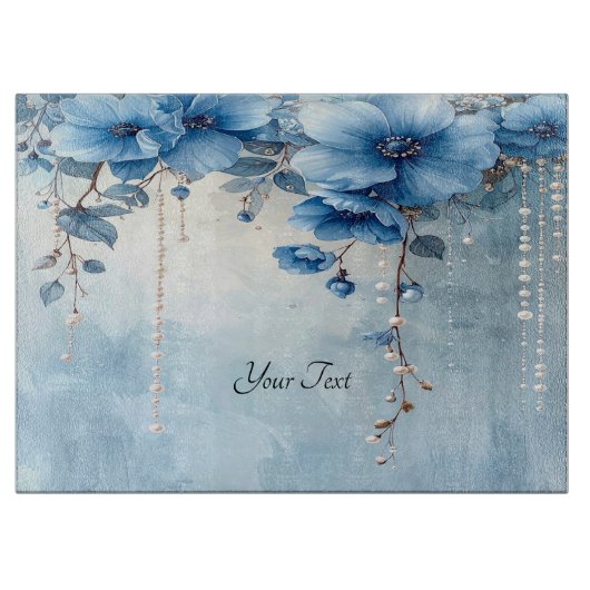 Snijplank Blauwe Bloemen en Parels (Voorkant)
