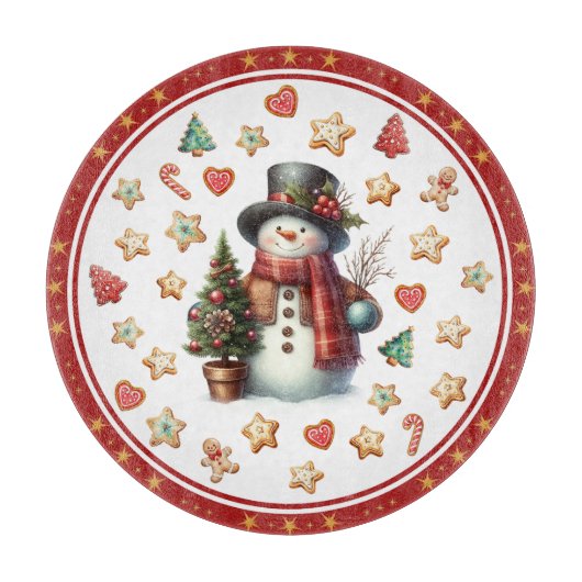 Snijplank Rond Sneeuwman en Kerstkoekjes (Voorkant)