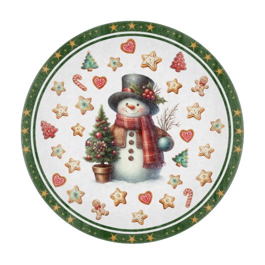 Snijplank Rond Sneeuwman en Kerstkoekjes (Voorkant)