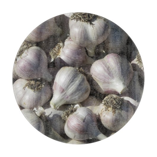 Snijplank van glas met oogst knoflook (Voorkant)