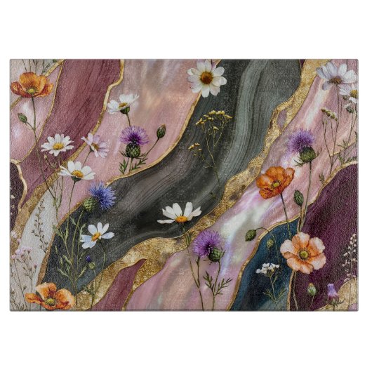 Snijplank van glas met wilde bloemen (Voorkant)