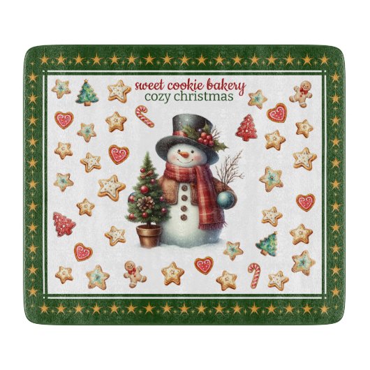 Snijplank Vierkant Sneeuwman en Kerstkoekjes (Voorkant)
