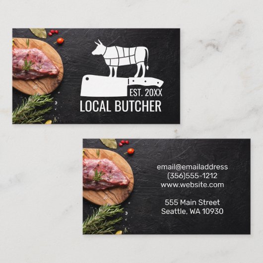 snijschema voor slagervlees | Biefstuk op hout Visitekaartje (Voorkant / Achterkant)