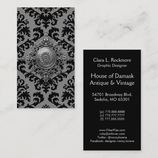 Snijvet, FILIGREE MEDALLION IN GRAY EN BLACK Visitekaartje (Voorkant / Achterkant)